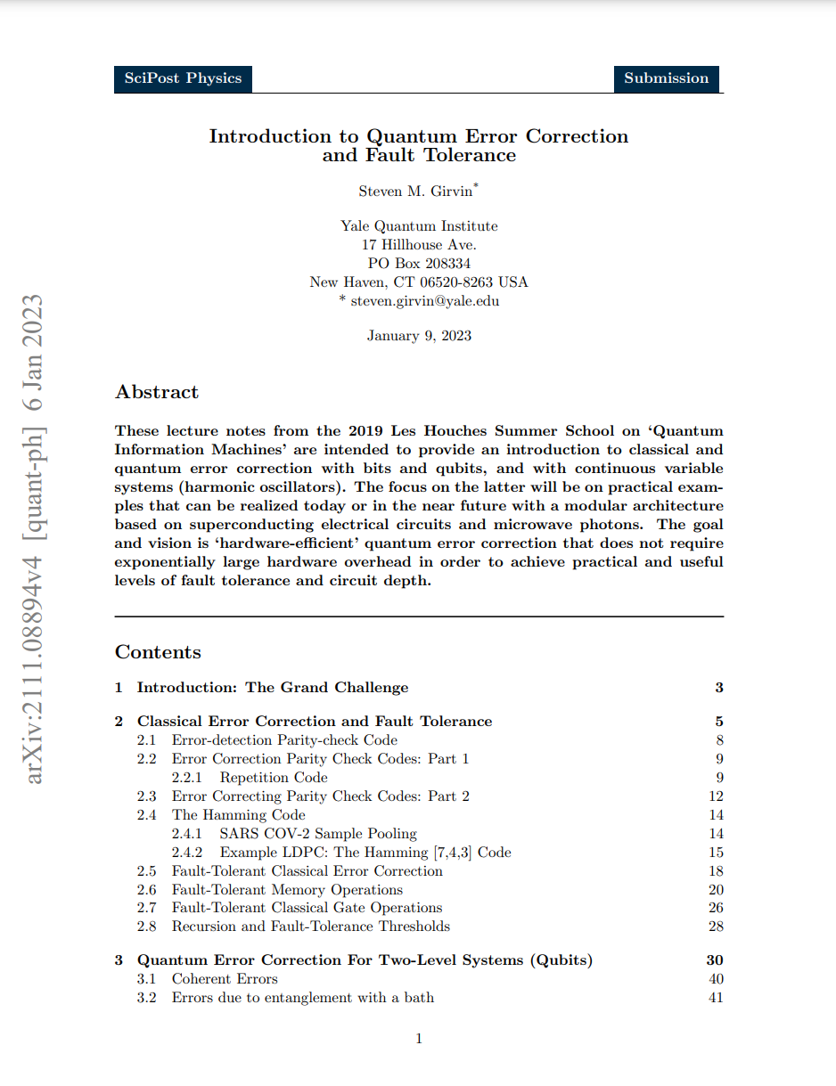 Introduction to Quantum Error Correction and Fault Tolerance, Girvin