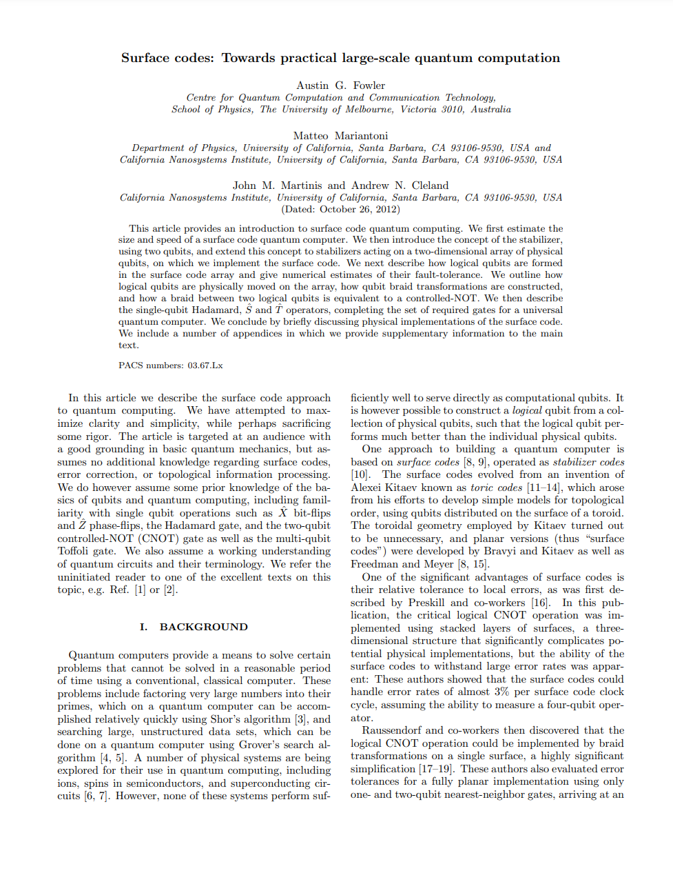 Surface Codes: Towards Practical Large-Scale Quantum Computation, Fowler et. al