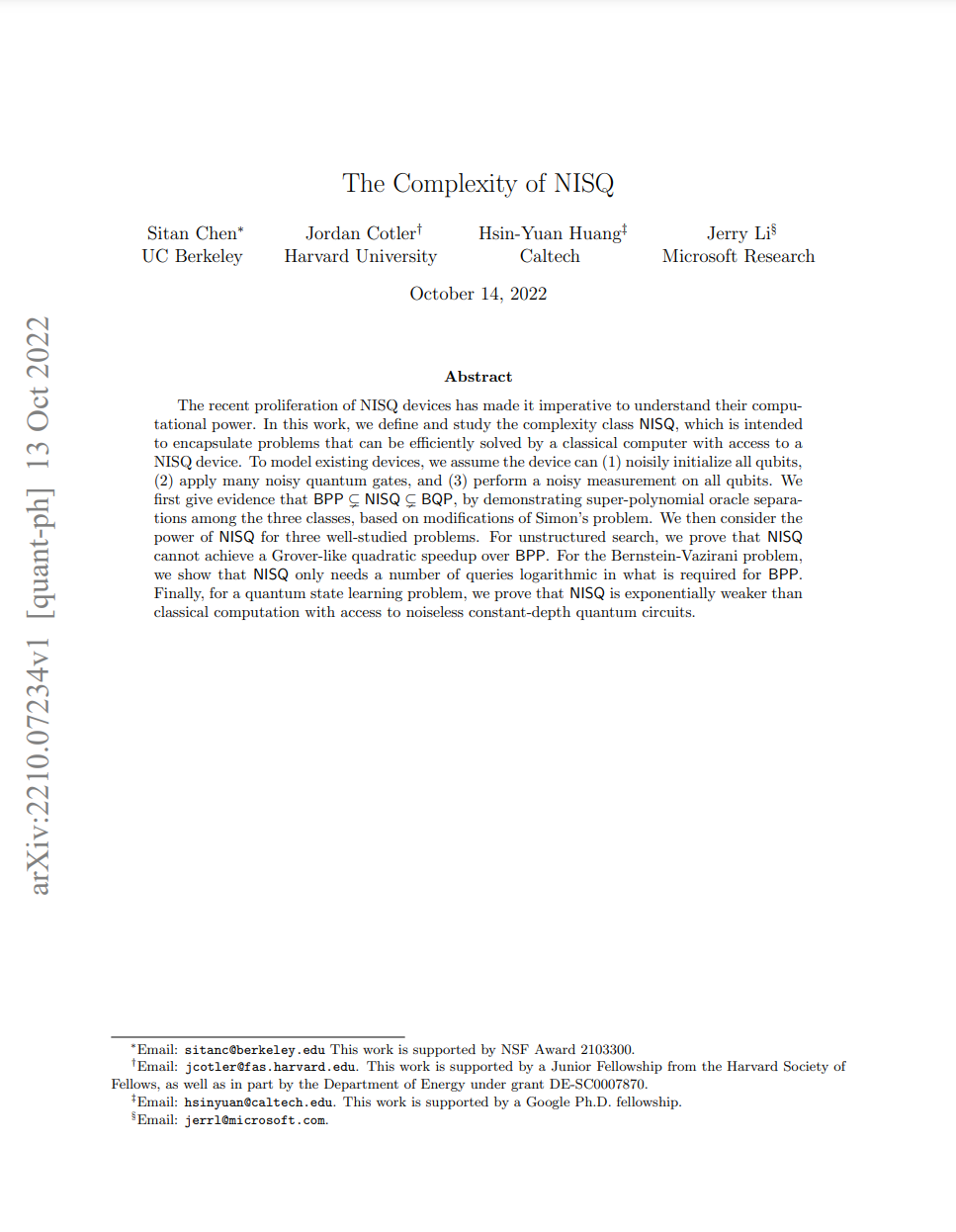 The Complexity of NISQ, Chen et. al