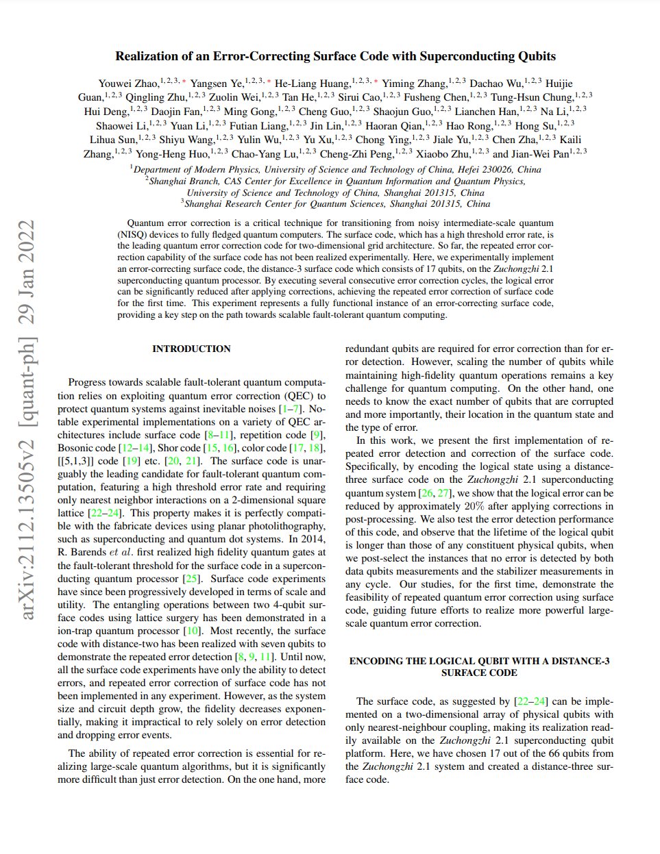 Realization of an Error-Correcting Surface Code with Superconducting Qubits, Zhao et. al