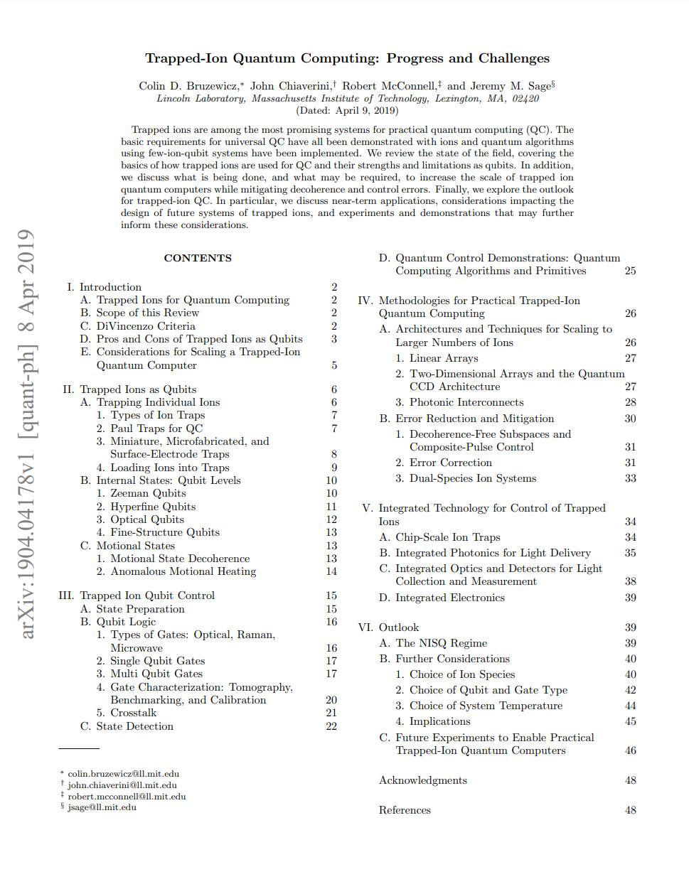 Trapped-Ion Quantum Computing: Progress and Challenges, Bruzewicz et. al